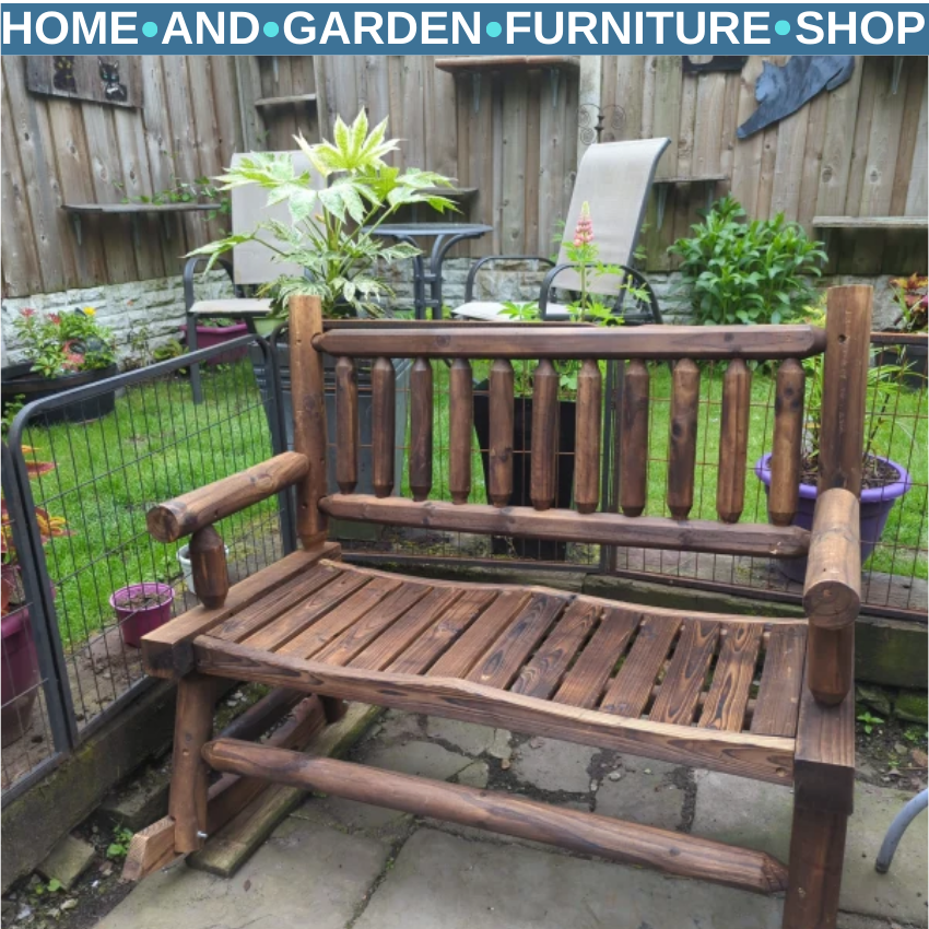 Wooden Seat Rocking Bench with Slatted Back Rustic Garden