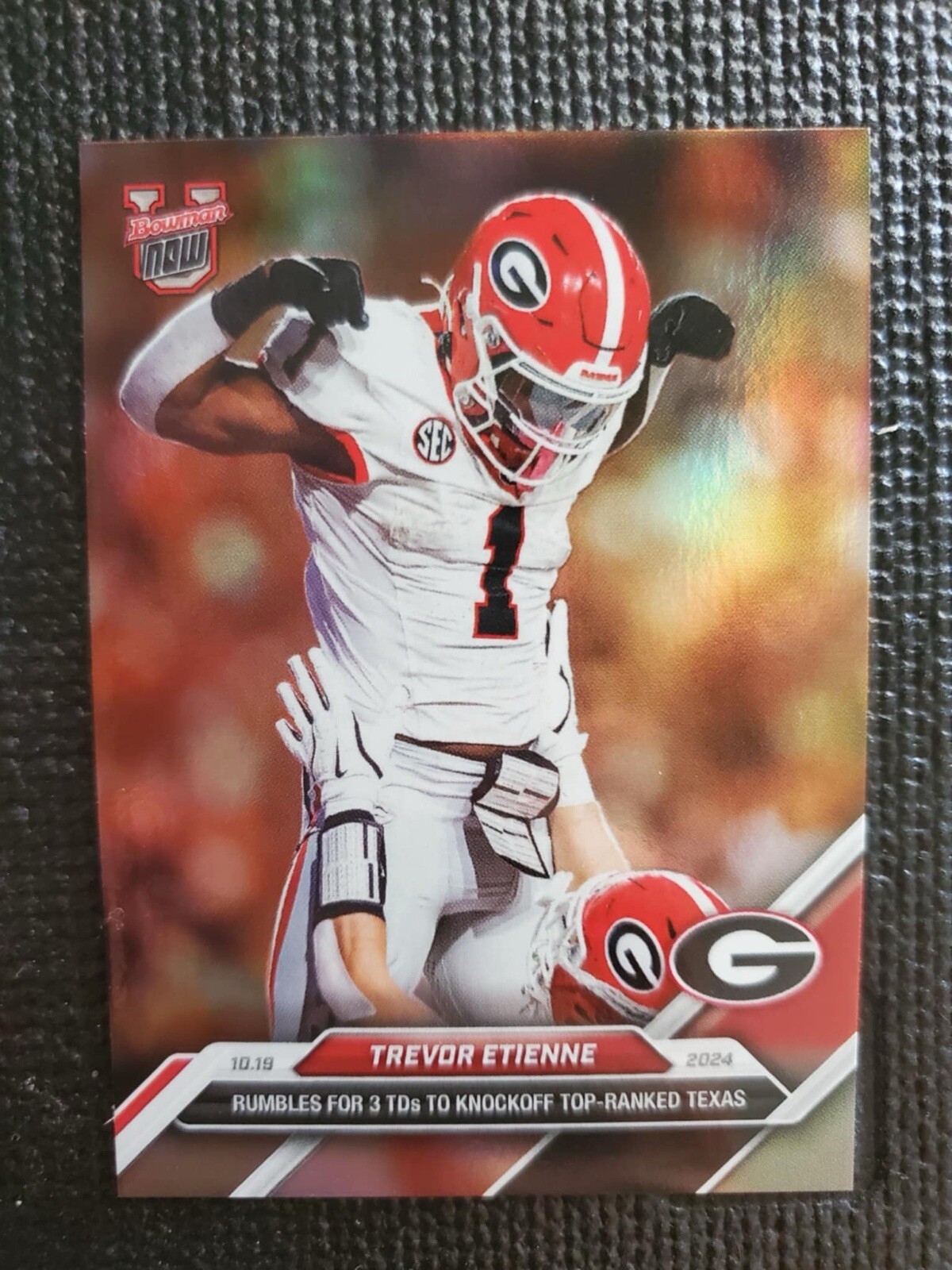 2024 Bowman U Now Trevor Etienne 3 TDs to Knockoff #1 Texas #31SP Rainbow Foil