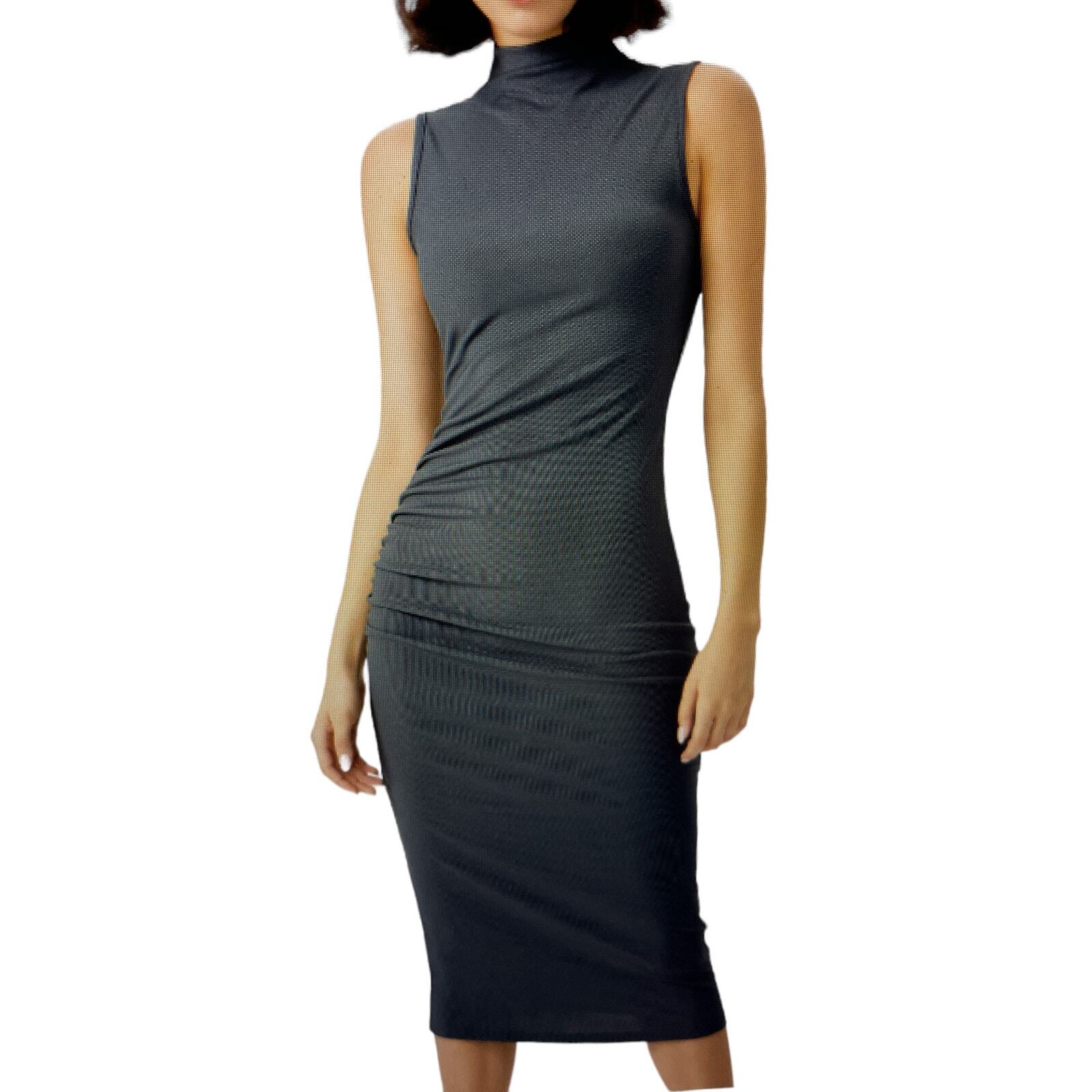 Midi Dress High Neck Side Ruched Ribbed Knit Stretch Sleeveless Gray Size 8