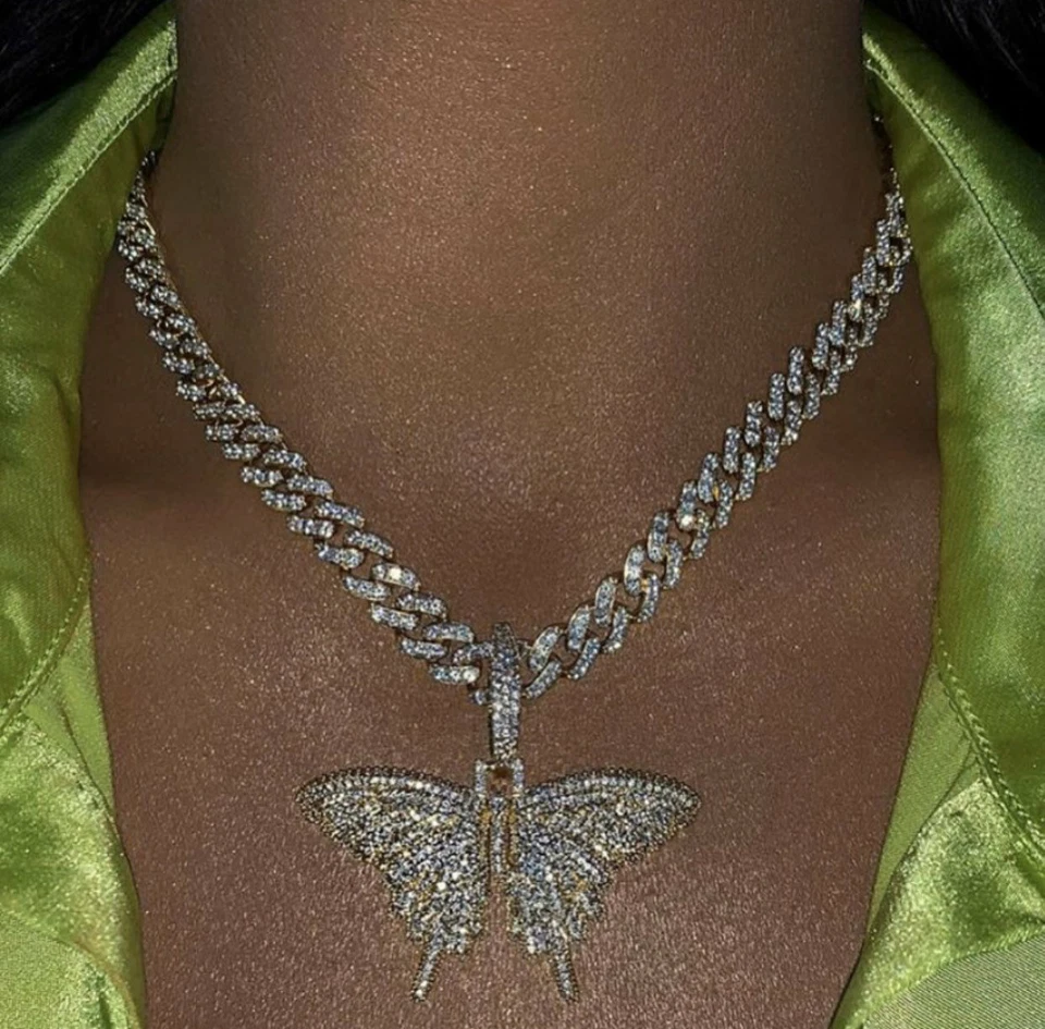 Gargantilla cubana mariposa rosa/oro rosa, collar mariposa, hielo bling rosa Foto 4 de 4