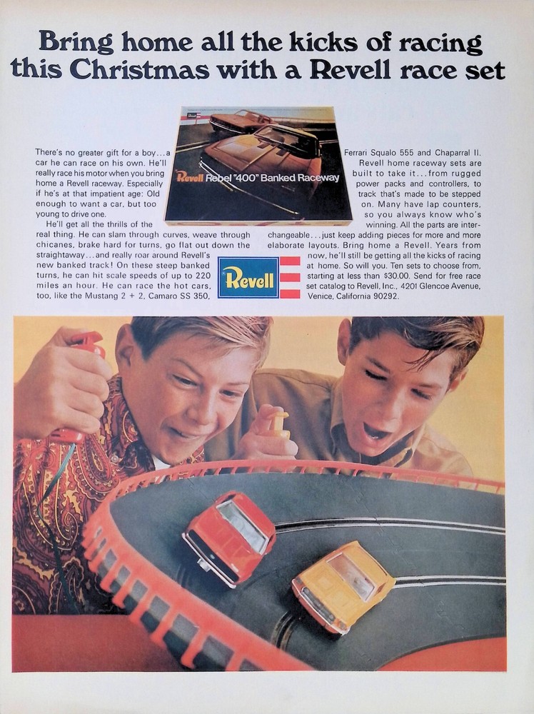 Print Ad 1960's Revell Christmas Gift Children Race Cars Set Mustang Camaro SS
