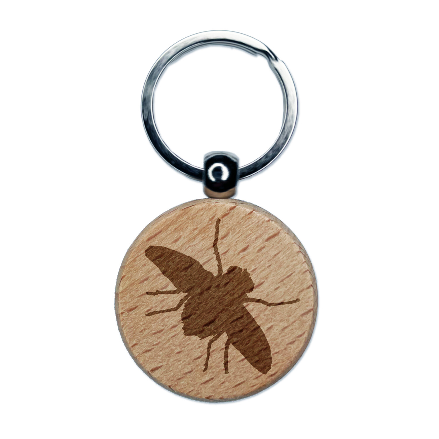Fly Insect Sketch Engraved Wood Round Keychain Tag Charm