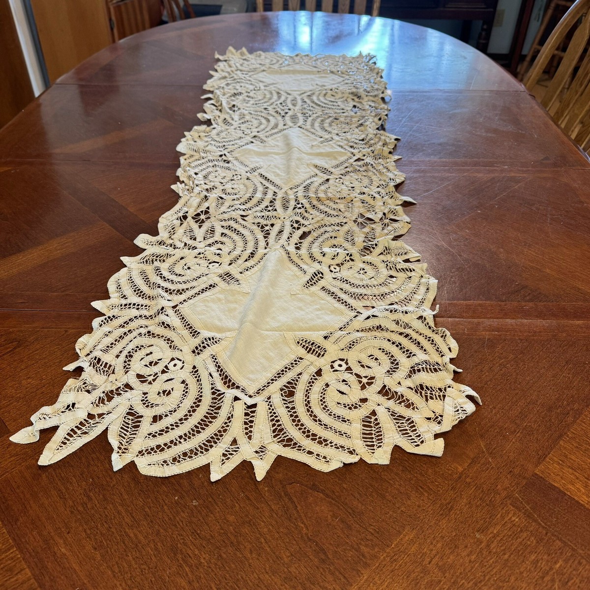 Antique Table Runner Dresser Scarf Battenburg Lace With Stains 54 By 16