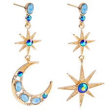 Women's Fashion Moon Star Rhinestone Long Dangle Drop Statement Earrings Gift