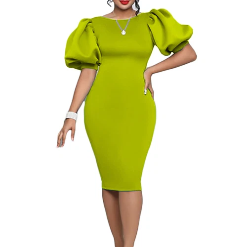 Women 2024 Summer New Bubble Sleeve Wrap Hip Party High Waist Round Neck Dress