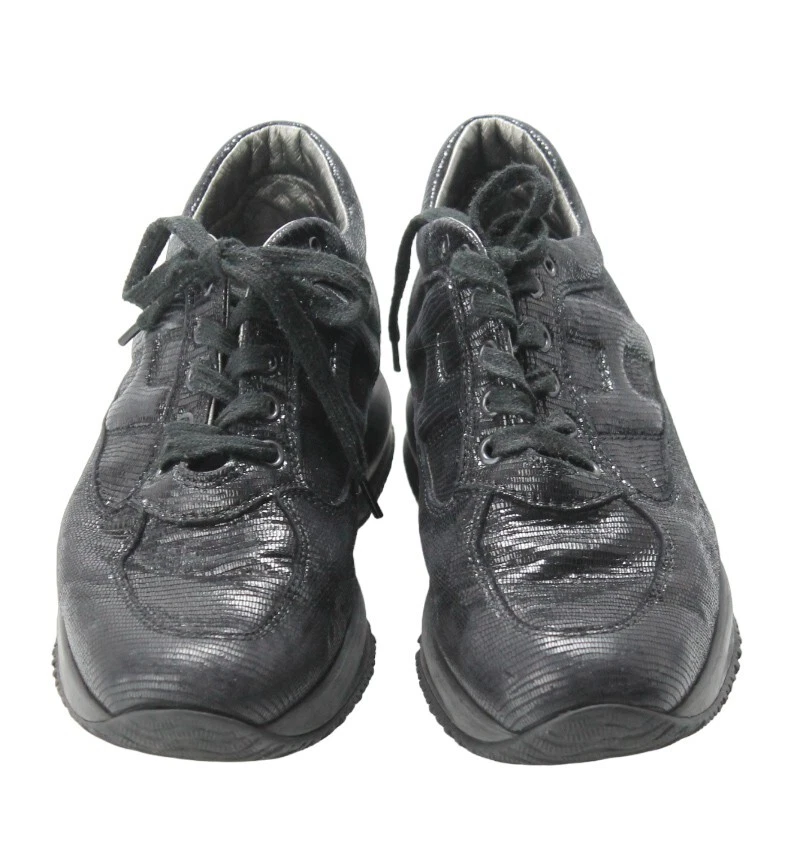 HOGAN Baskets Femme EU 37,5 À Lacets Bout Amande Noir Brillant - Photo 4/4