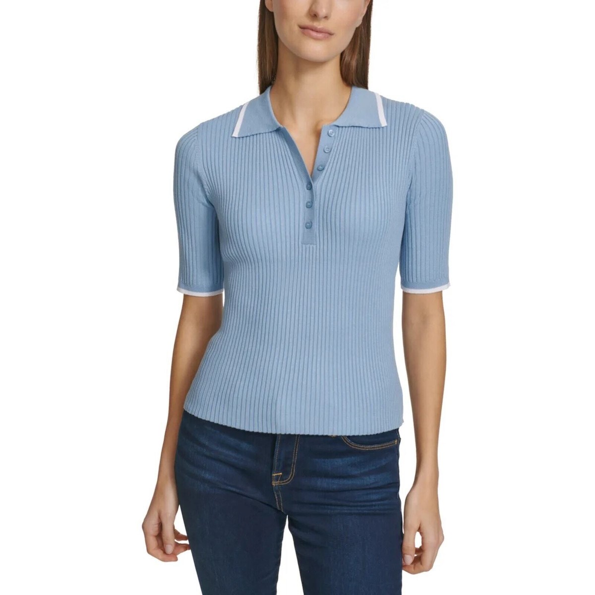 売れ筋商品|||カルバンクライン ニット&セーター アウター レディース Women's Cotton Ribbed Monogram-Logo Polo Top Tofu New! Calvin Klein Women's Ribbed Top Quarter Button Collared