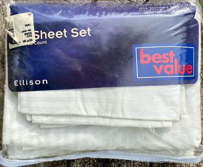 Vtg Ellison 4-Piece Twin Sheet Set NOS Cotton/Poly USA ~ Regal Stripe / Ivory