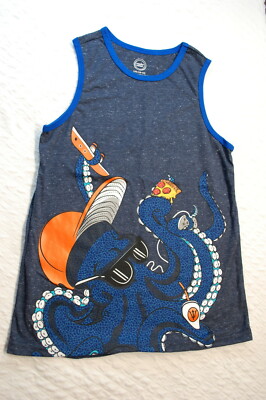 Boys Blue Tank Top OCTOPUS Pizza Sunglasses Video Games L 10-12 XL 14-16 XXL 18