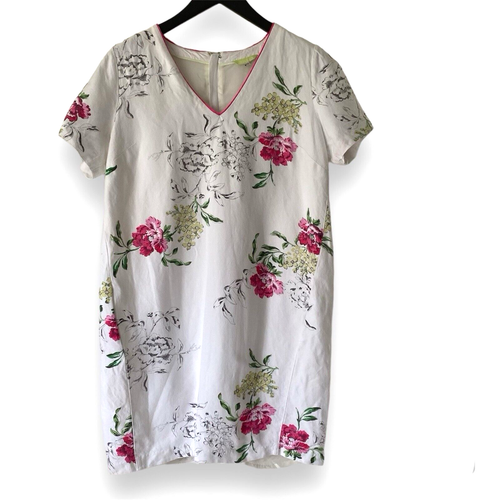 Joules Cream Dress UK 12 Pink Floral Shift Linen Blend Relaxed Knee Length