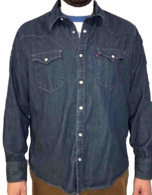 Levis Barstow Western Shirt Men XL Blue Denim Dark Wash Long Sleeve Pearl Snaps