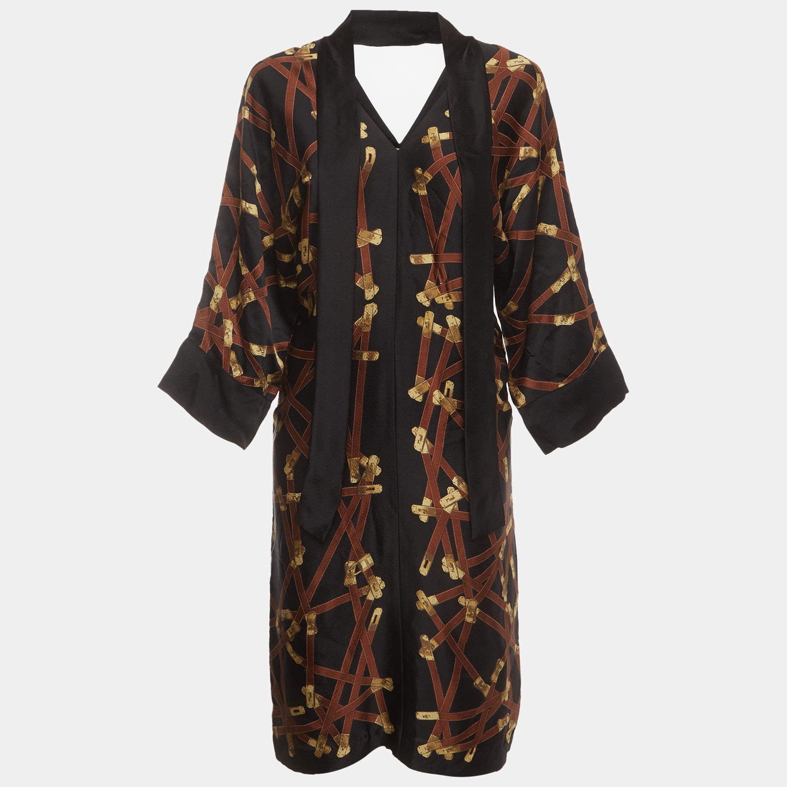 Hermes Black Belt Print Silk Neck Tie Dress S