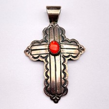 Vintage Navajo Native Blackgoat Coral Cross Stampwork Sterling Silver Pendant