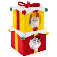2-Storey Cute Christmas Cat House w/ Bow 2 Condos Indoor Cat Furniture Modern