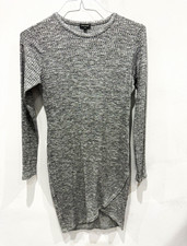 River Island Grey Viscose Knit Bodycon Dress Long Sleeve Round Neck Short UK 14