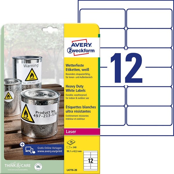 Avery Zweckform Wetterfeste Folienetiketten L4776-20 Weiß 99,1 X 42,3 Mm, 20...-image