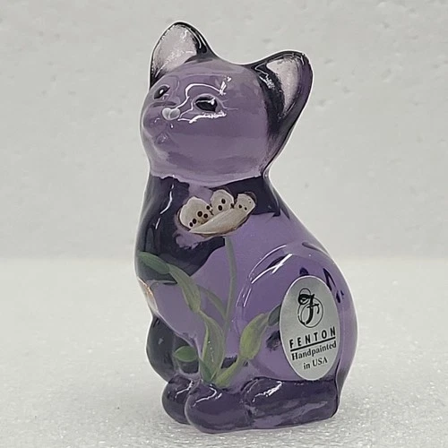 FENTON 3" Cat Figure Purple Glass Hand Painted YOU'RE SPECIAL Signed w/Sticker