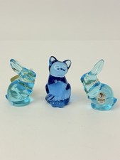 Vintage Lot of 3 Fenton Blue Glass Rabbits and Cat Figurines 2-3/4 Signed