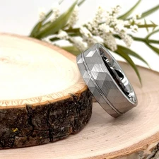 8mm Wedding Ring High Polished Edges Faceted Design Durable Band Silver Tungsten