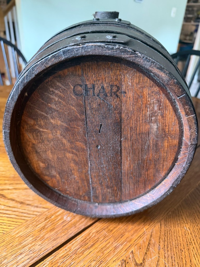 Antique Primitive Small Wood Barrel/Keg w/ Metal Hoops Dark Tone