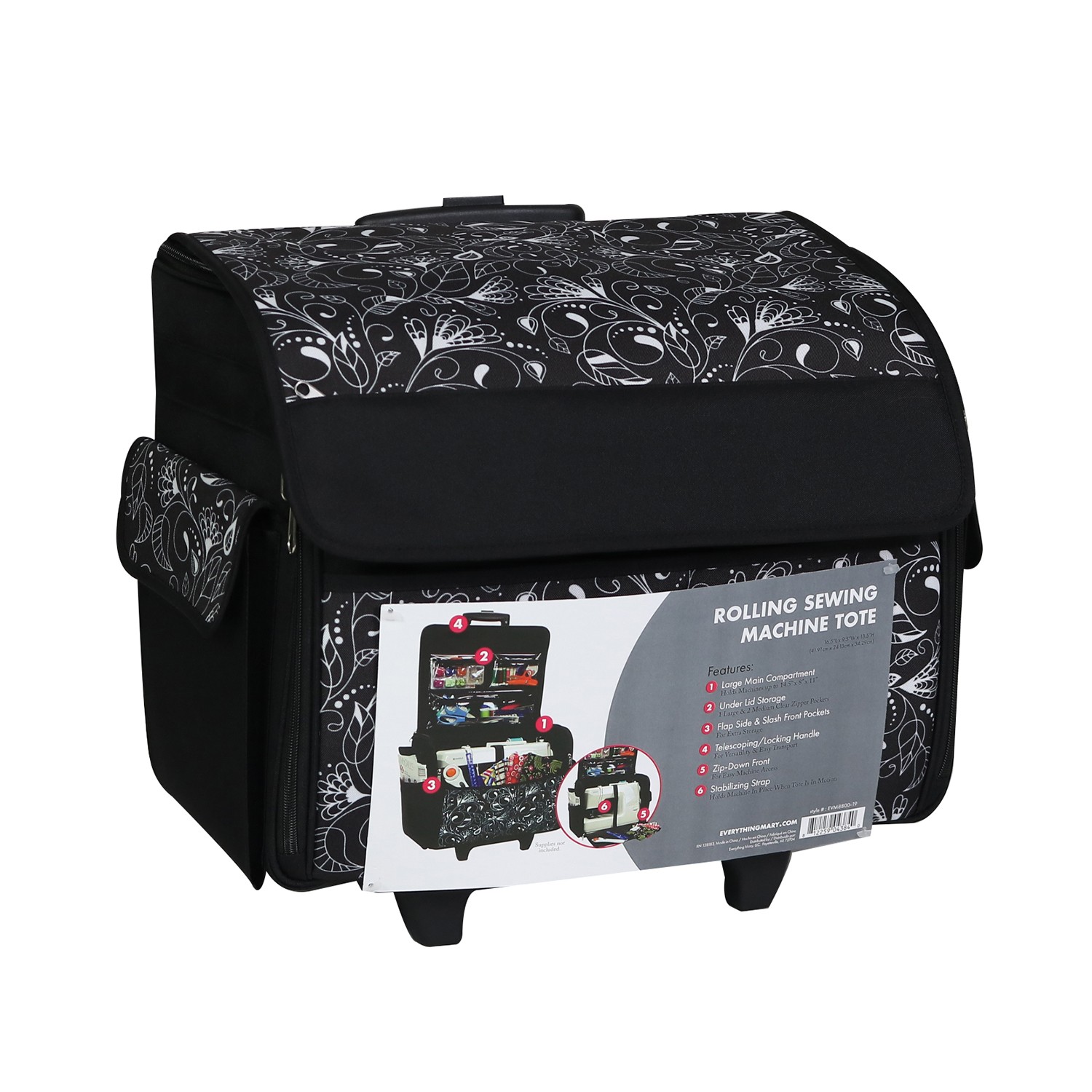 Sewing Machine Trolley Bag Black/White Leaf Swirls - Everything Mary EVM8800-19