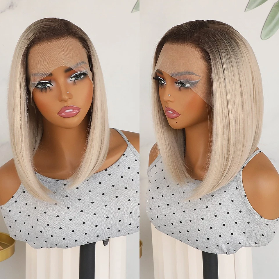 13x4 Short Bob Lace Front Wigs Glueless Brown Roots Ombre Blonde Straight Hair - Image 4 of 4