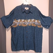 Island Shores Mens XL Blue Tropical Palm Tree Rayon Hawaiian Button Down Shirt