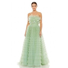 Mac Duggal Green Strapless Tiered Ruffle Maxi Gown with Feathers Size 8 NWT
