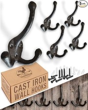 Rustic Cast Iron Coat Hooks 5 Pack Large Simple - Set of 5, Antique Black