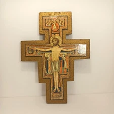 Vtg San Damiano Crucifix 10.5" Wood Wall Cross handmade Wall Art Decoupage