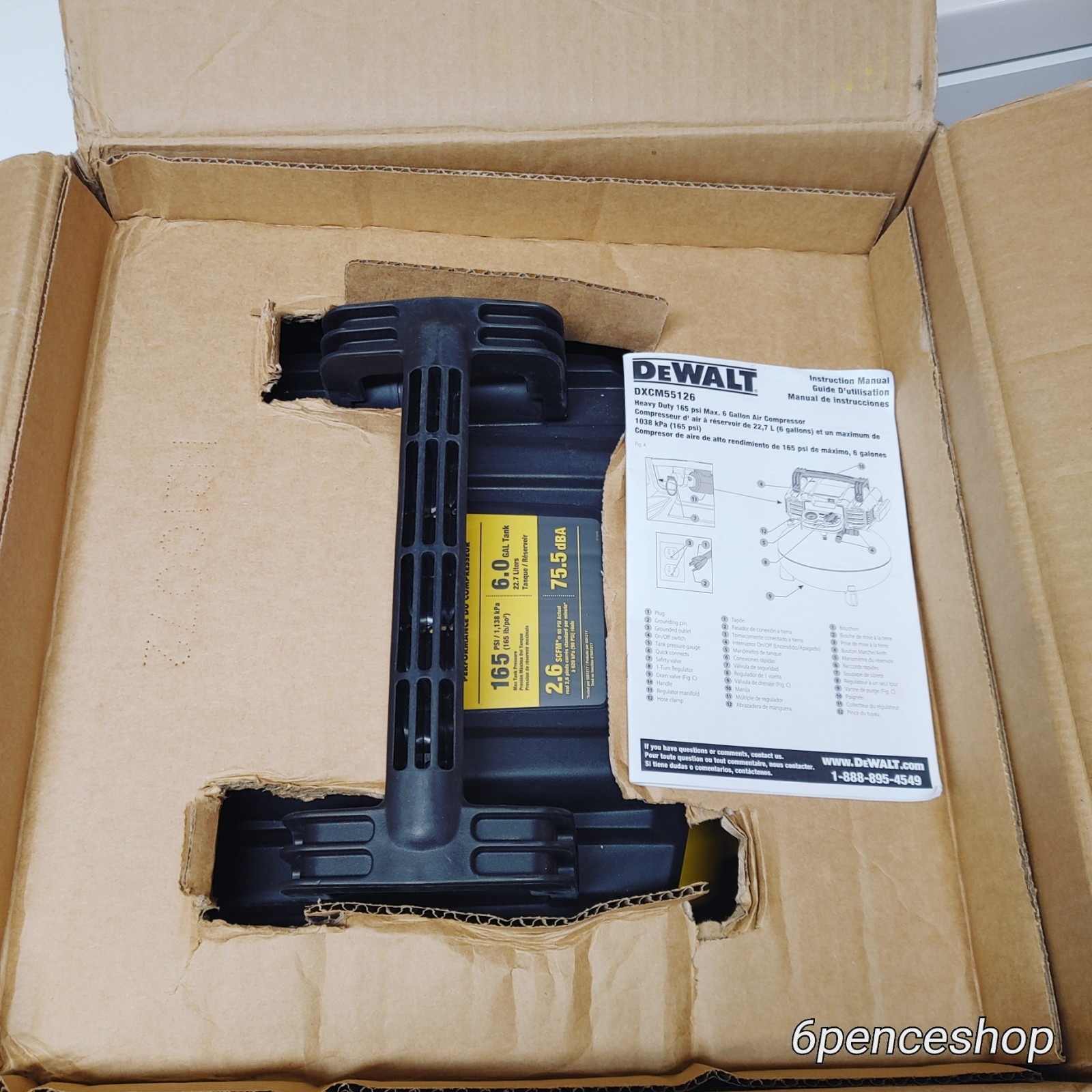 open box DeWalt DXCM55126 6 gal 165 PSI Electric Pancake Air Compressor