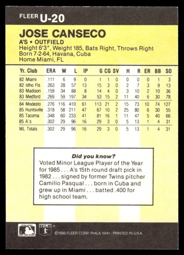 1986 Fleer Update Jose Canseco #U-20 MINT - Picture 2 of 2
