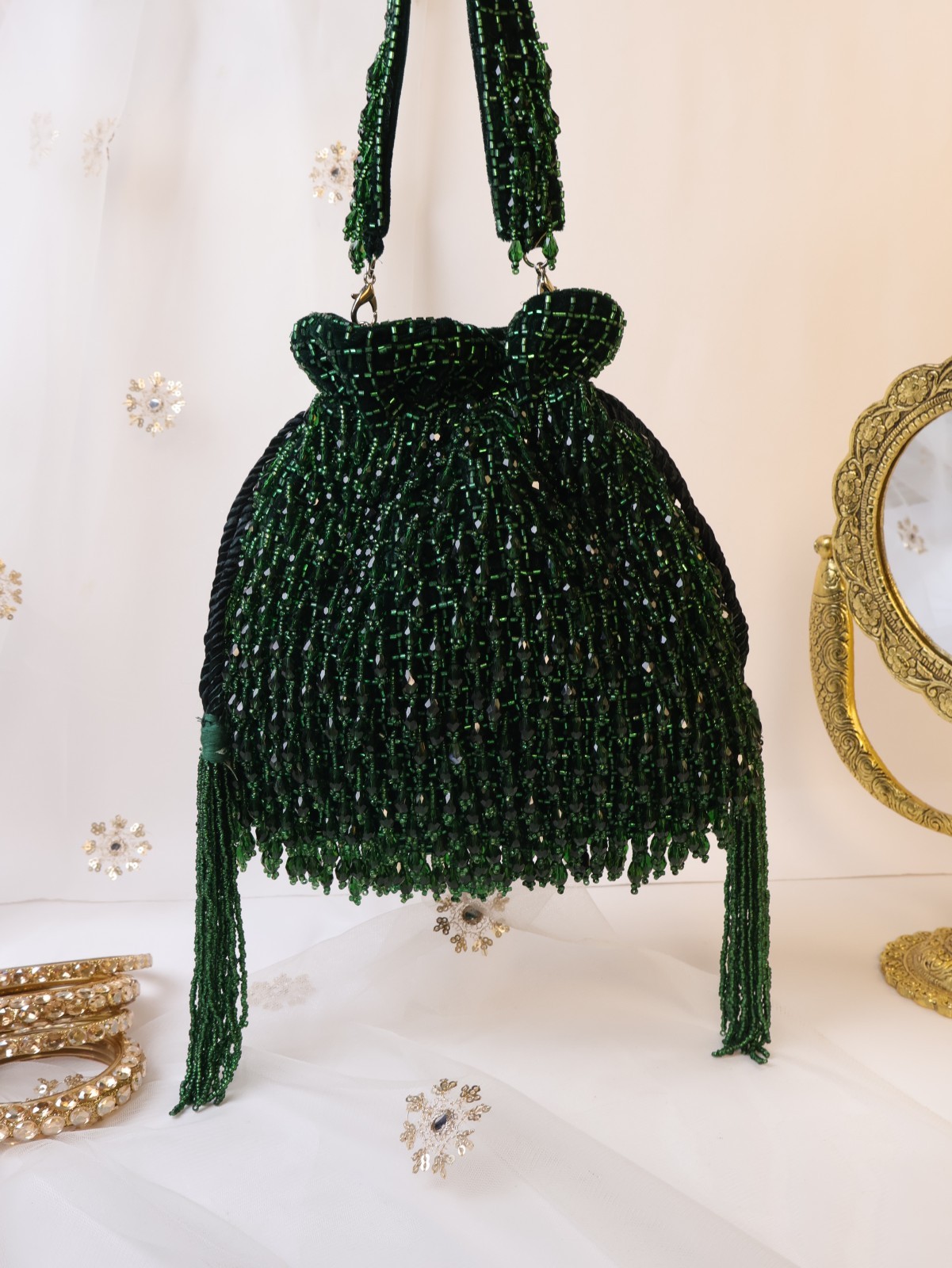 Green Crystal Potli Bag with Long Tassels Emerald Green Pouch Bag Purse