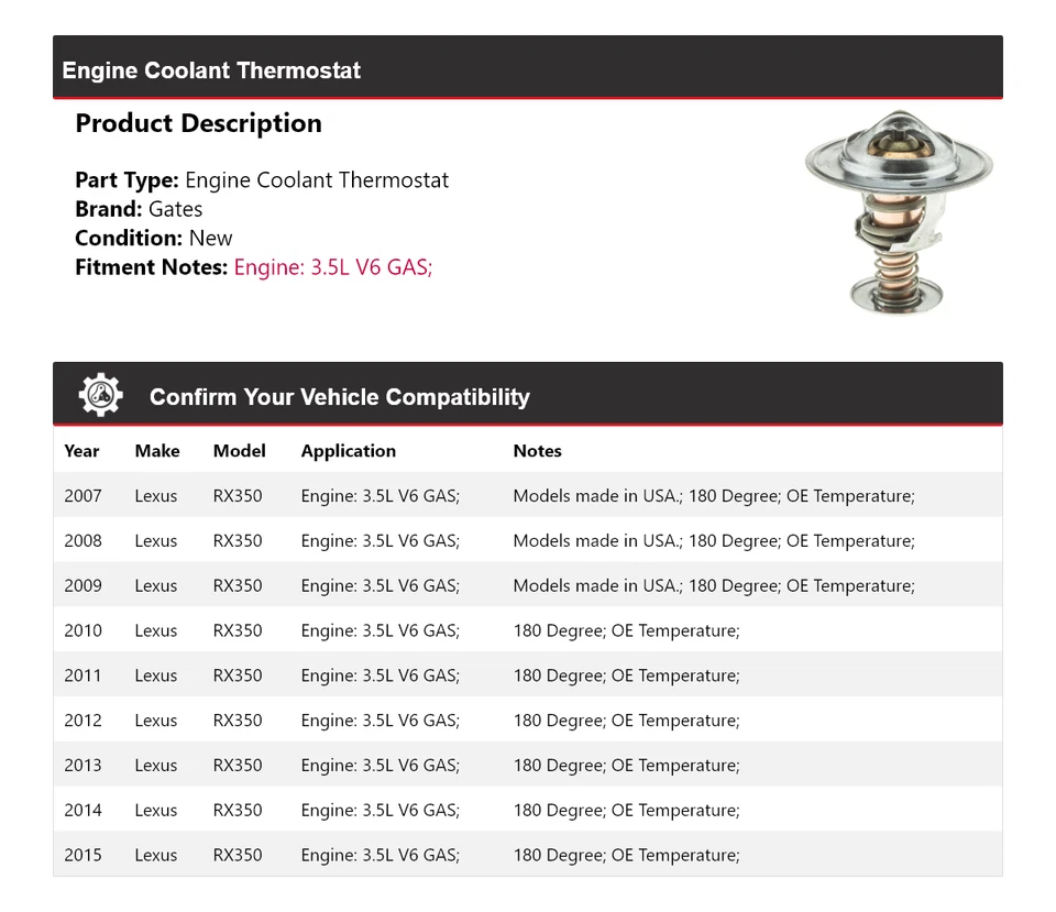 Para Lexus RX350 2007-2015 3,5 L V6 motor gasolina refrigerante termostato puertas 2008 2009 Foto 2 de 4