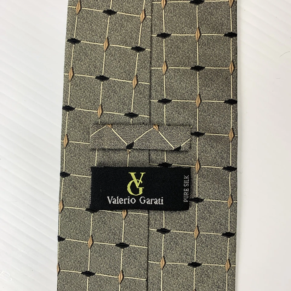 Corbata de seda VALERIO GARATI para hombre talla 3 7/8" x 58" gris negro dorado rejilla corbata iglesia Foto 4 de 4