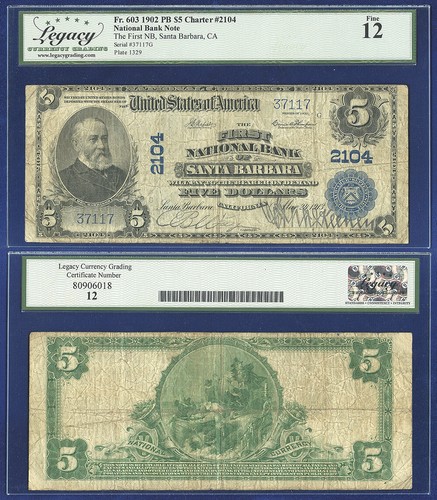 USA 1902 PLAIN BACK $5 FIRST NATIONAL BANK OF SANTA BARBARA CA 2104 - 第 1/1 張圖片