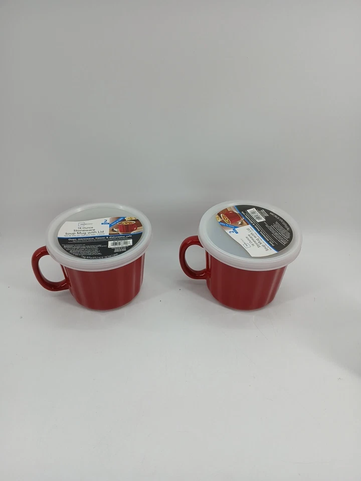 (Lote de 2) tazas soperas de gres rojo de 16 oz con tapas horno a mesa Foto 4 de 4