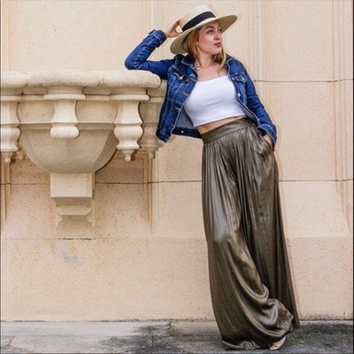 NWT ZARA KHAKI SHINY WIDE LEG PANTS TROUSERS 2346/698 | eBay