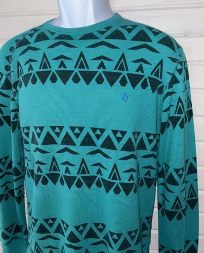 Camisa Volcom Talla PEQUEÑA Verde Tejida Gofre Térmica L/S Para Hombre Logo Mezcla de Algodón Usada en Excelente Condición