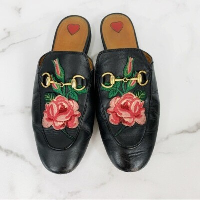 GUCCI Rose Embroidered Princetown Horsebit Designer Buckle Leather