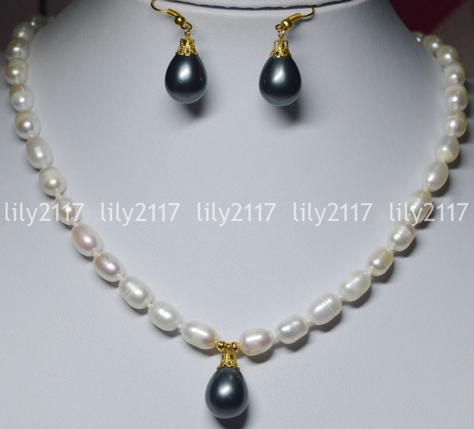 Bonito conjunto de pendientes colgantes de perlas con concha de perlas cultivadas blancas de 7-9 mm de 18"" Foto 3 de 4