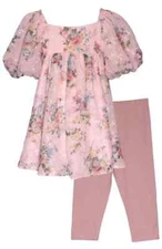 NWT Bonnie Jean Girls Size 3T Puff Sleeve Pink Floral Capri Pants Set Outfit