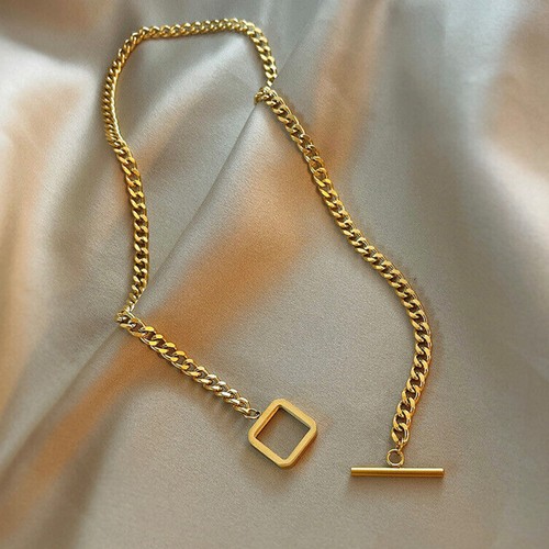 Moda Mujer Chapado en Oro Acero Inoxidable Bordillo Cadena Cuadrado Palanca Collar EE. UU. - Imagen 3 de 4