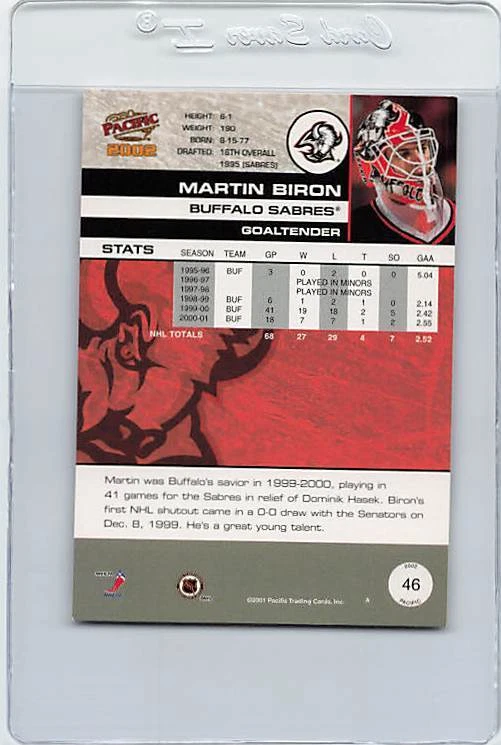 2001/02 Pacific #46 Martin Biron Sabres Signed Auto *H715 - Image 2 of 2