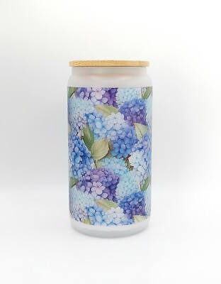 Blue & Purple Hydrangeas Frosted Glass Can W/ Bamboo Lid 16 Oz Glass Cup Mugzan
