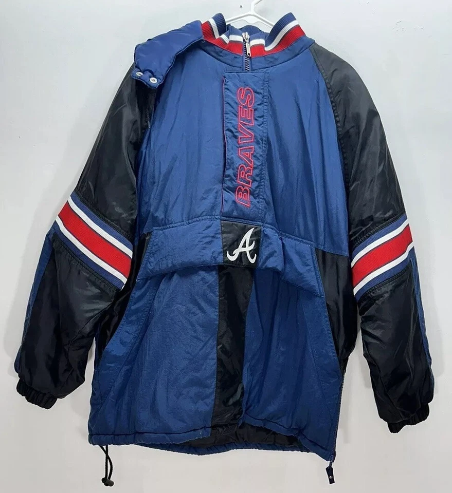 Vtg Atlanta Braves 90s STARTER Men’s XL Puffer Hooded Baseball Zip Jacket Genu - Image 2 of 4