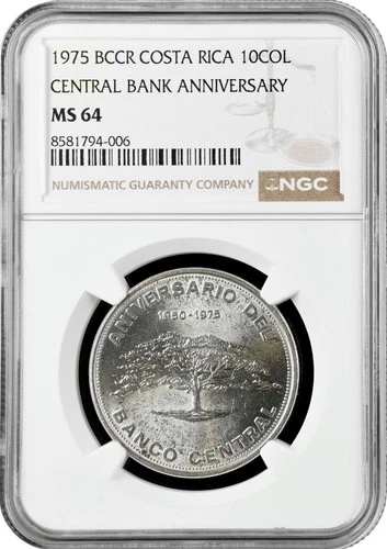 Costa Rica 10 colones 1975, NGC MS64, "25th Anniversary - Central Bank"