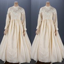 Victorian Champagne Wedding Dress Long Sleeve High Neck Full Length Bridal Gown