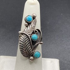 Vintage Native American Sterling Silver Leaf Design Turquoise Ring - Size 7