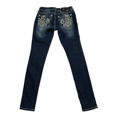 Miss Me Jeans Skinny Embellished Fleur De Lis Women 27x30 Dark Blue Stretch